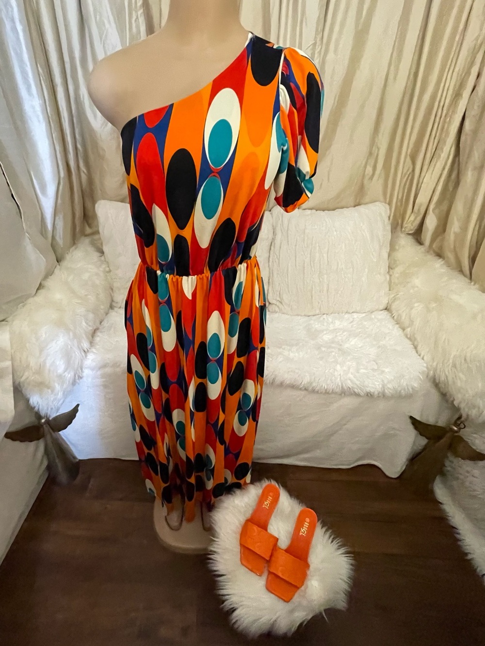 One-Shoulder Orange Geo-Print Maxi Dress